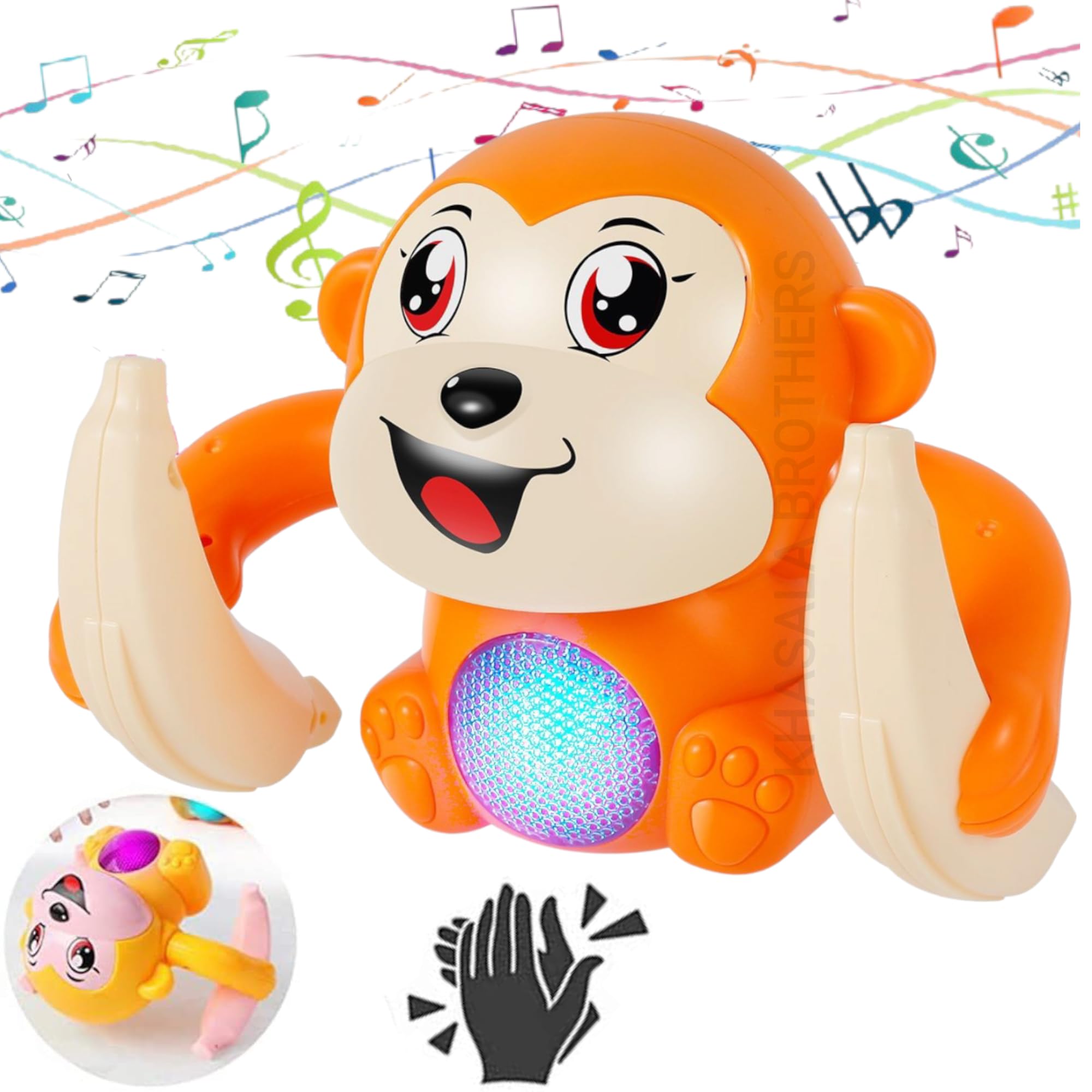 Bumtum Dancing Monkey Musical Toy for Kids Baby Spinning Rolling Tumbling Toy with Voice Control Sensor &amp; Battery Included - (Yellow, Pack of 1)