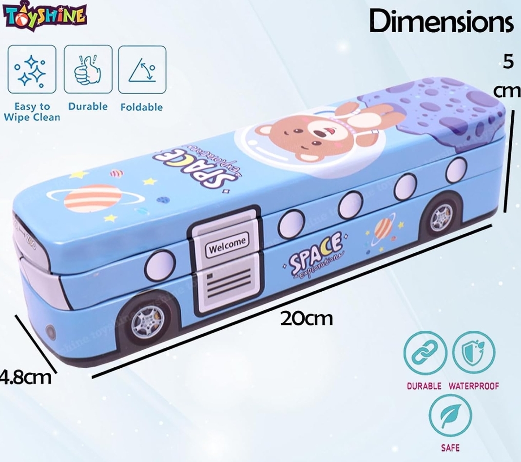Toyshine Space Exploration Printed Travel Bus Metal Pencil Box Double Comparment - Kids School Supply Organizer Students Stationery Box for Girls Boys