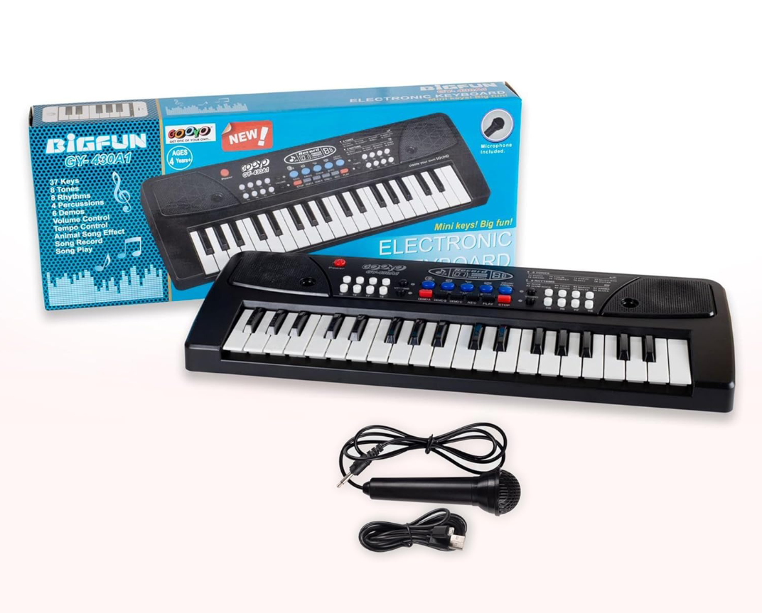 Gooyo GY-430A1 Portable Musical Piano Keyboard with Microphone |37 Keys, 8 Rhythms, 8 Tones with 6 In-Built Demos &amp; Song Record Feature|Black Color, Dual Power Supply Source: Micro USB Cable(Included)INTEGRATED LEARNING SYSTEM: Our versatile keyboard 