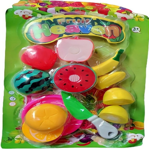Realistic Sliceable Cutting Play Kitchen Toy with Fruits, Vegetables, Knife, Plate and Cutting-Board for Kids - Multicolour - Multi Design - Set of 7 pecs