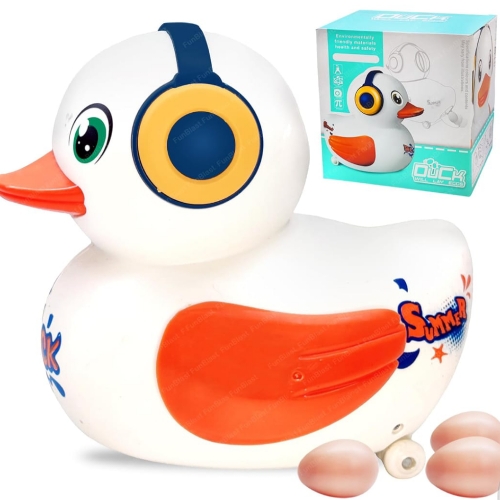 Duck Lay Eggs Toy for Kids - 360 Degree Rotation B/O Toys for Kids, Light and Sound Toys for Kids, Bump and Go Walking Duck Egg Laying Toy for Children (White)