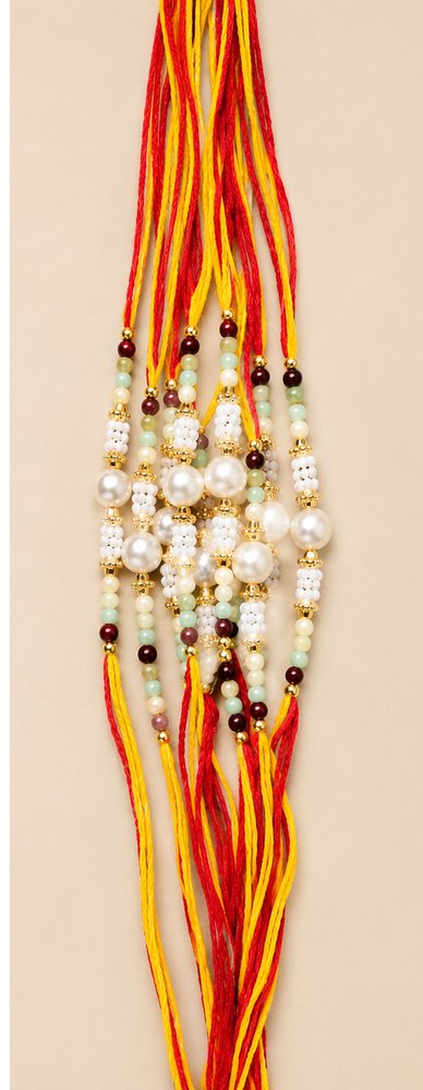 Red &amp; Yellow Pearl Beaded Rakhi for Brother | Traditional Designer Raksha Bandhan Rakhi | Pack Of 12